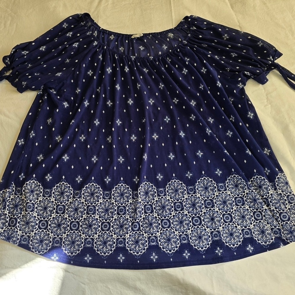 Siren Lily Royal Blue Blouse w/ White Design Tied Sleeves 3X /0003